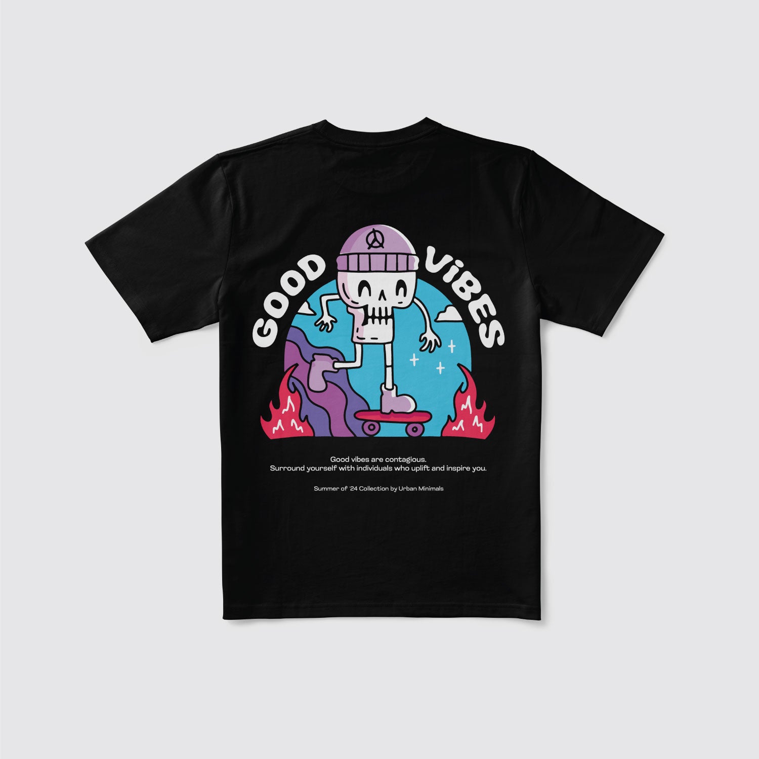 Good Vibes Skeleton on Skateboard Illustration Graphic Essential Tee by Urban Minimals